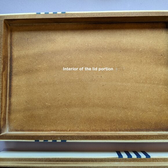 C Wonder Trinket / Jewelry Box, Inlay beige & blue stripe design, 9 x 6  x 2" - Picture 14 of 17